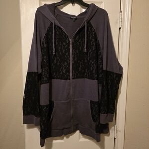 Torrid Charcoal and Black Lace Zip-Up Hoodie